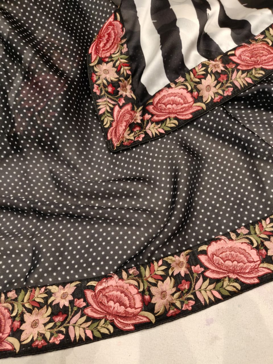 Striped satin floral saree - Saffronfashionindia