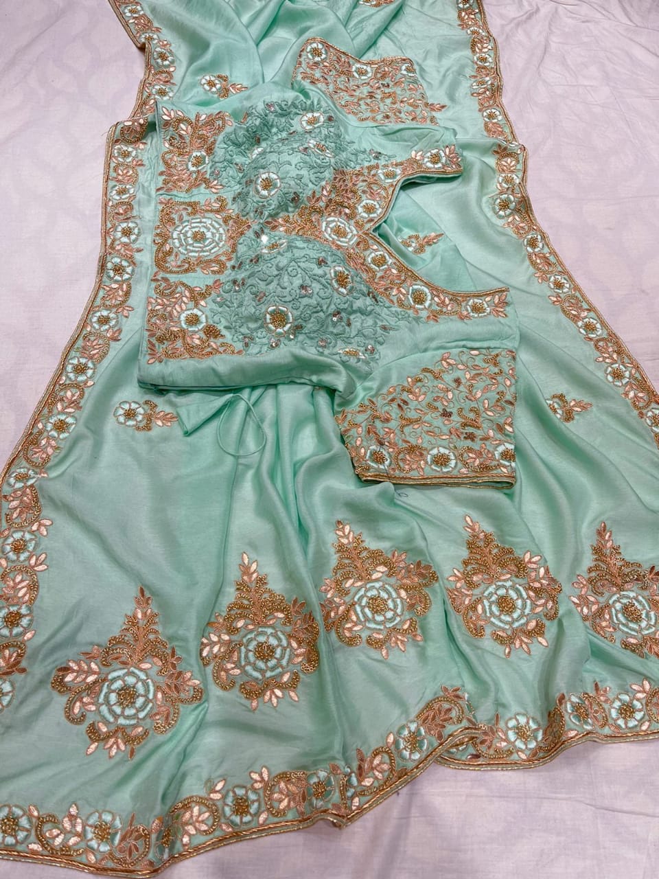 Russian silk zardosi saree - Saffronfashionindia