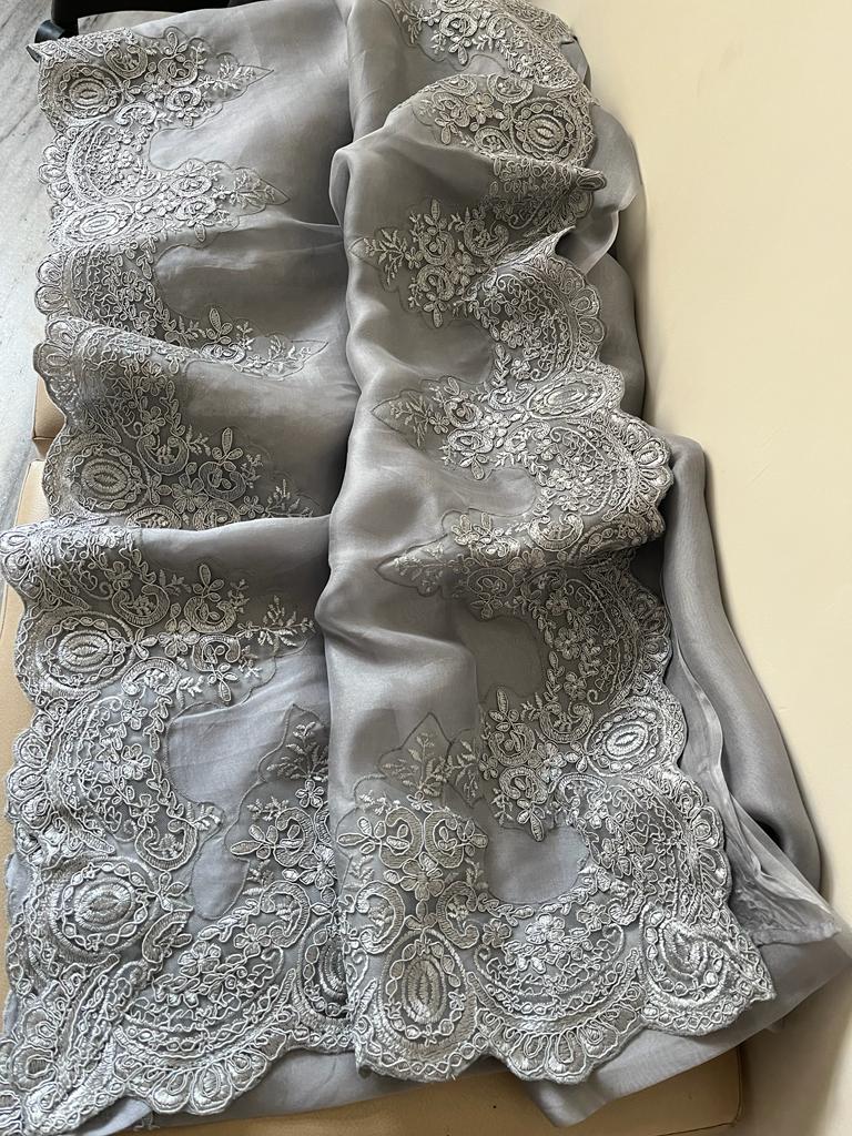 Lacy cutwork organza saree - Saffronfashionindia