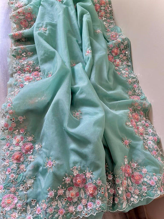 Shamsha organza embroidery saree - Saffronfashionindia