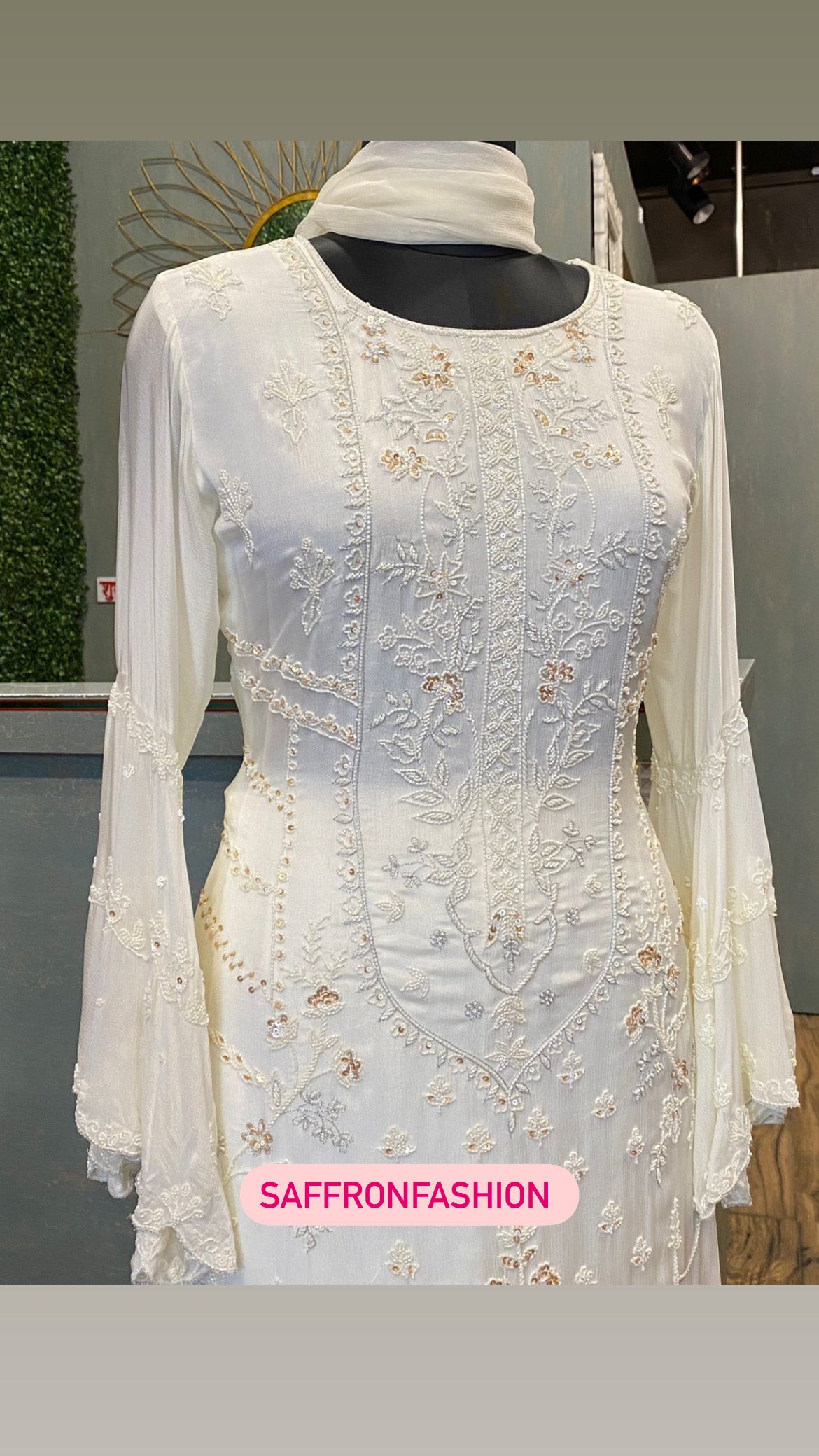 White embroidered chinon dress - Saffronfashionindia