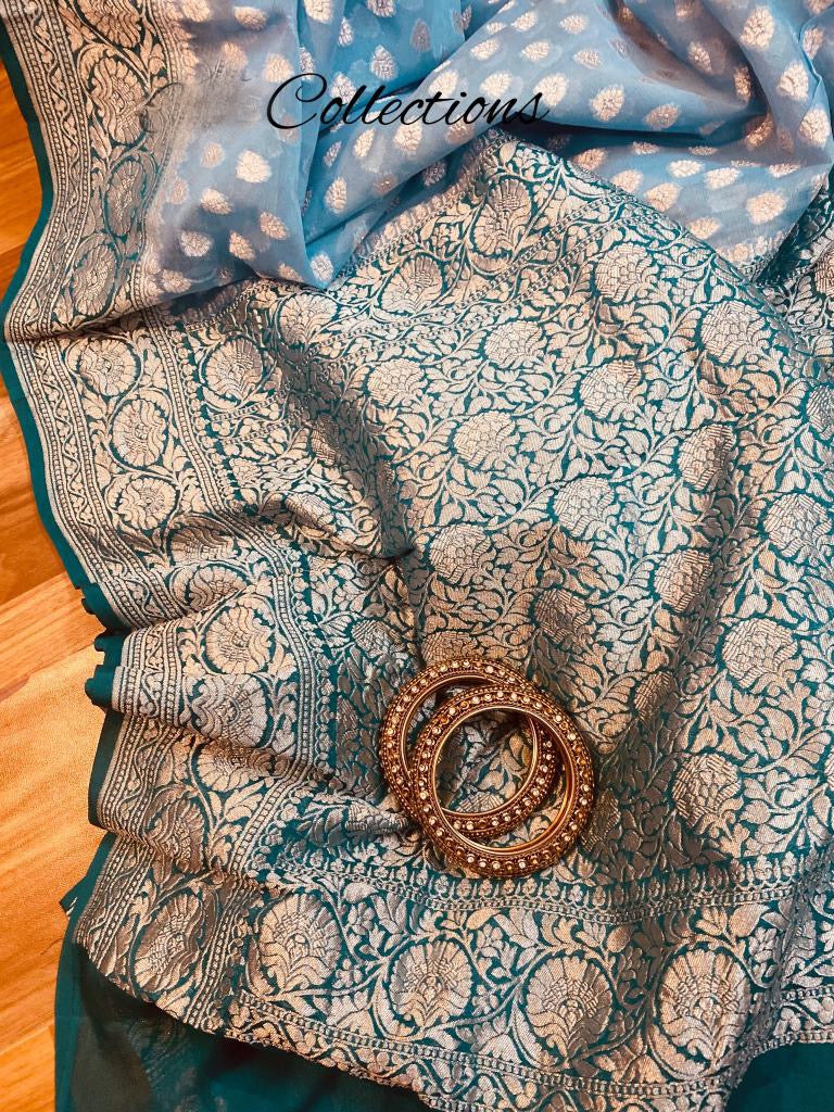 Noshina blue khaddi gorgette saree - Saffronfashionindia