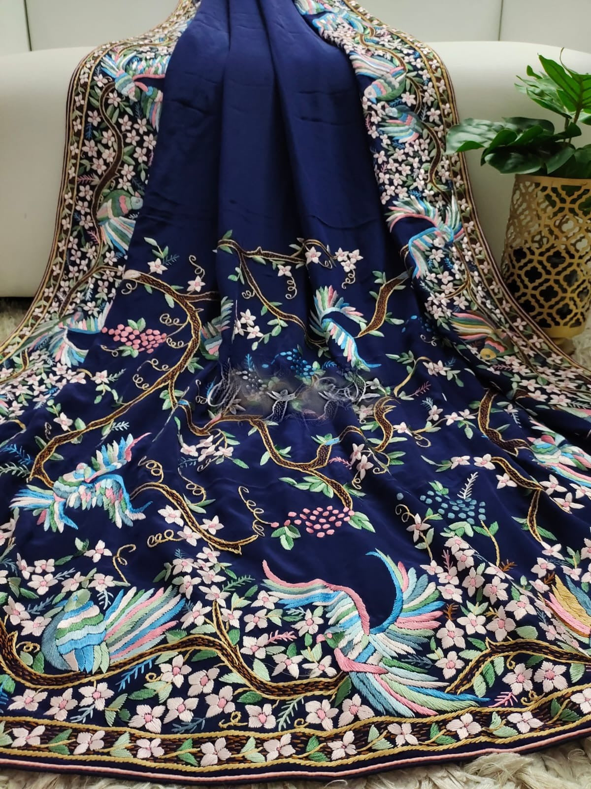 Royal blue Parsi gara crepe saree SaffronFashion