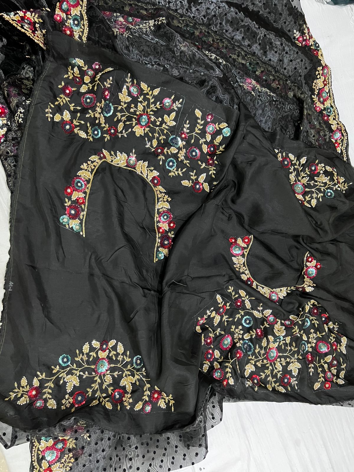 Black floral organza sare SaffronFashionindia
