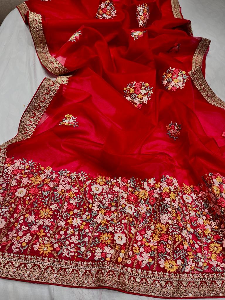 Unique organza embroidery saree - Saffronfashionindia