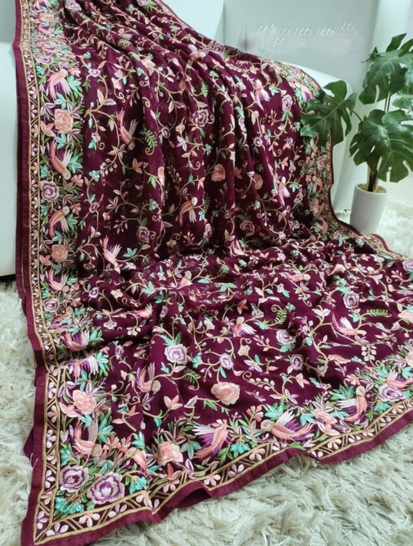 Parsi gara Kashmiri saree - Saffronfashionindia