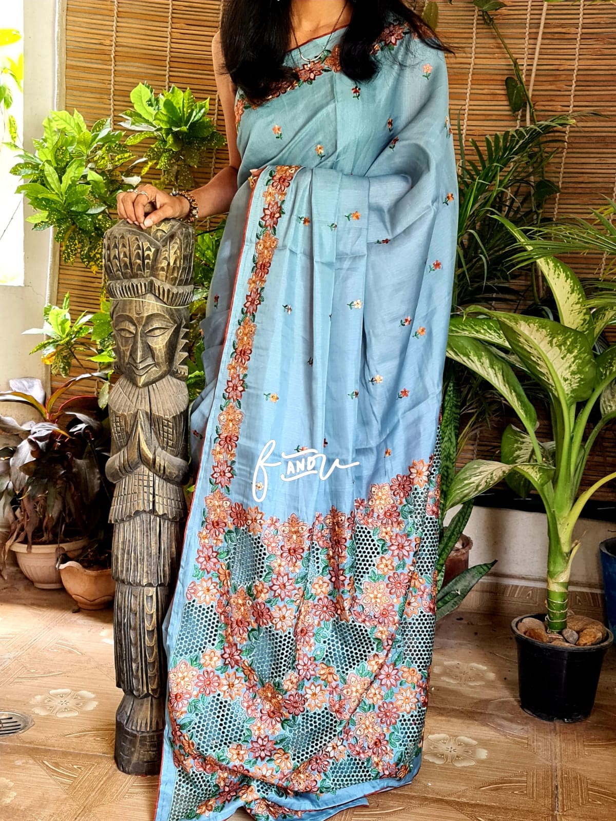 Floral soft tussar silk saree - Saffronfashionindia