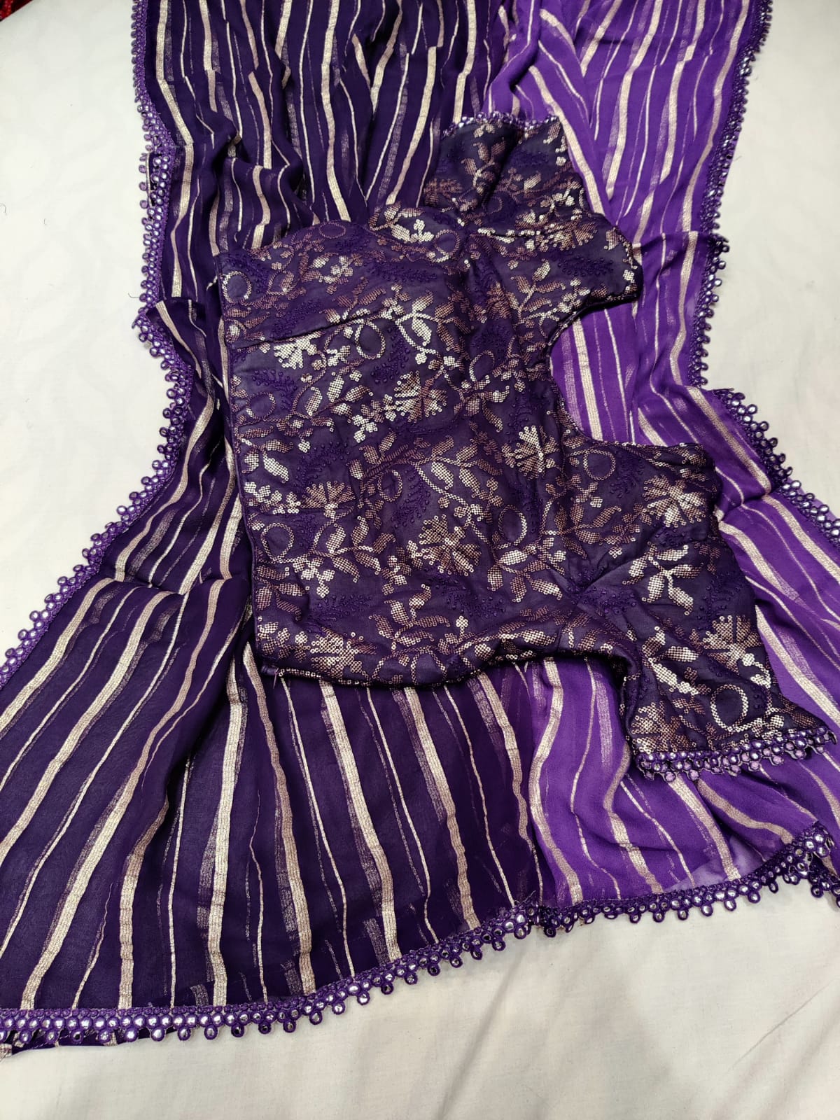 Holly gorgette stripes zari saree - Saffronfashionindia