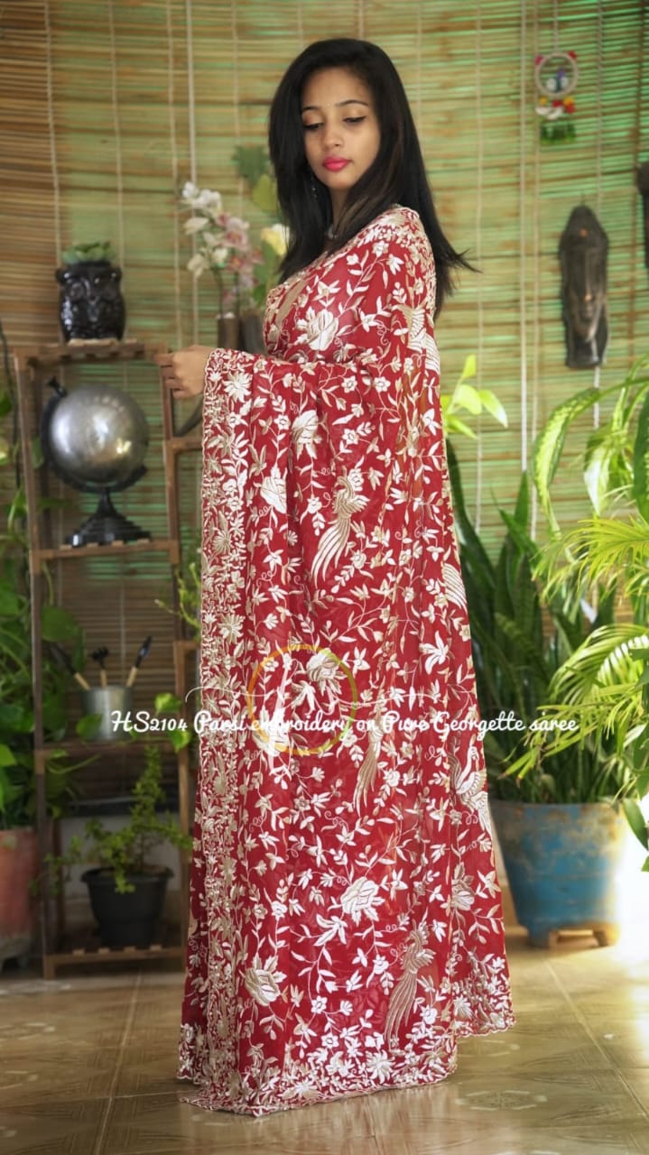 Royal embroidered Parsi inspired saree - Saffronfashionindia