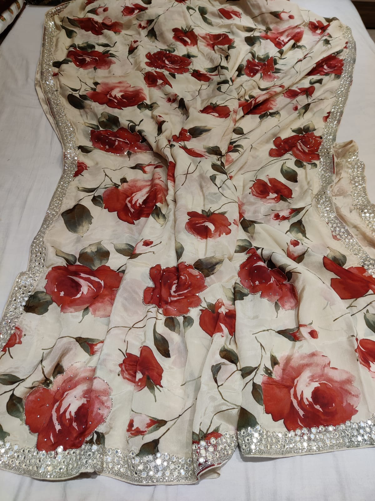 Fancy crepe partywear saree - Saffronfashionindia