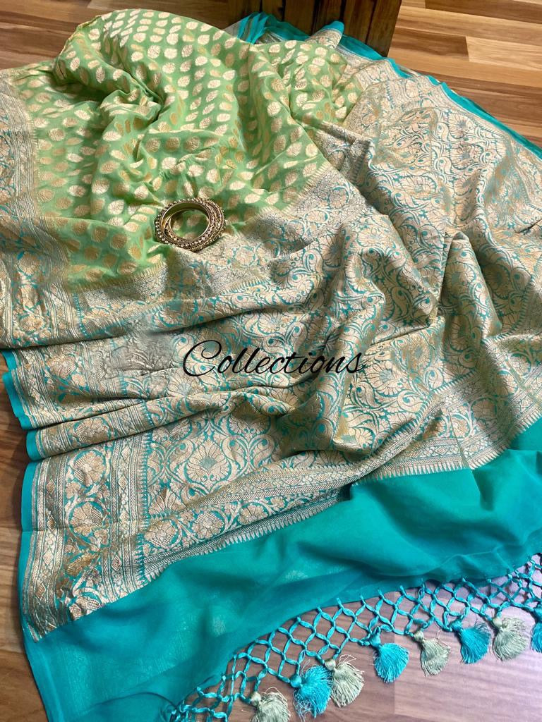 Elegant green khaddi gorgette sari - Saffronfashionindia