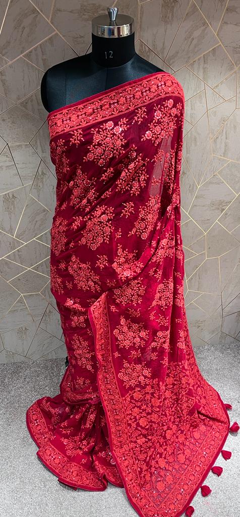Kinzie Chikankari saree/gorgette saree - Saffronfashionindia