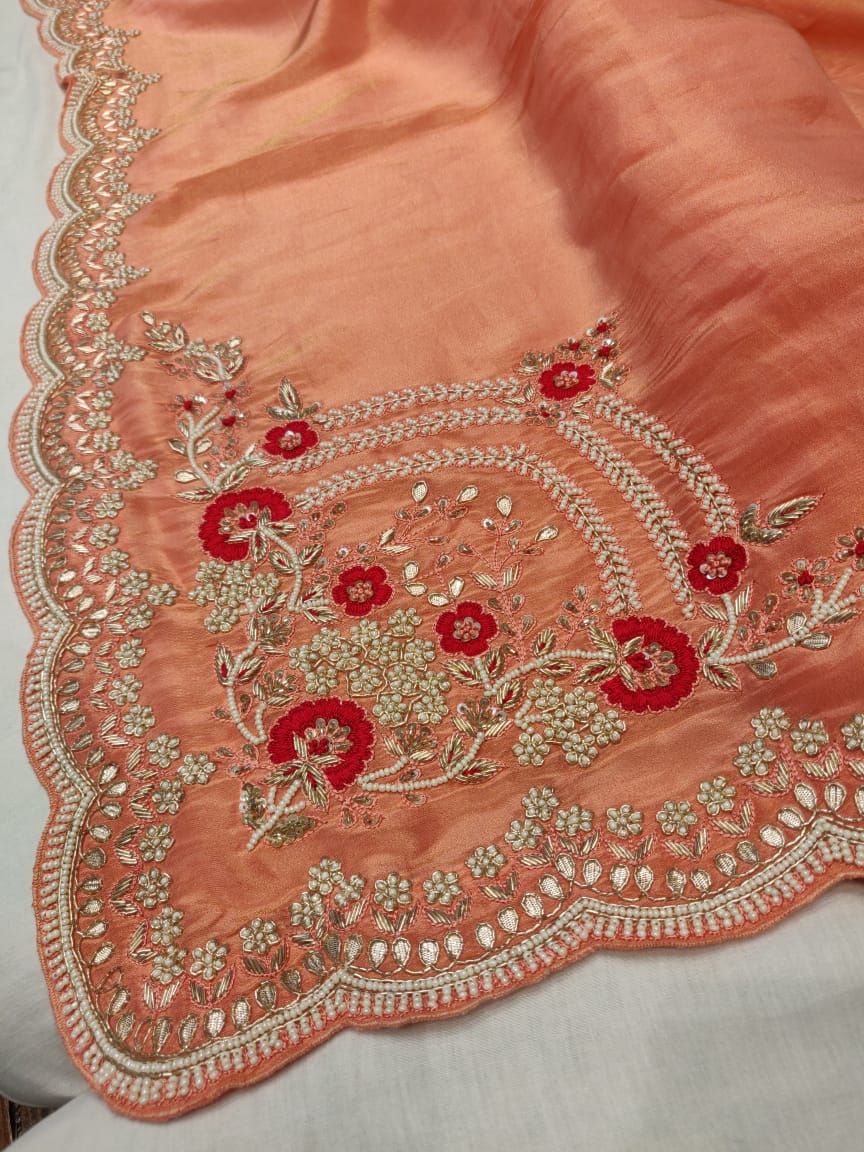 Peachy peach gorgette saree - Saffronfashionindia