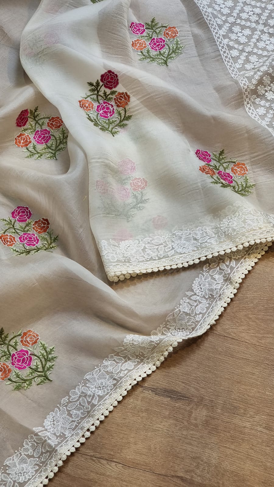 Crochet inspired organza embroidery saree - Saffronfashionindia