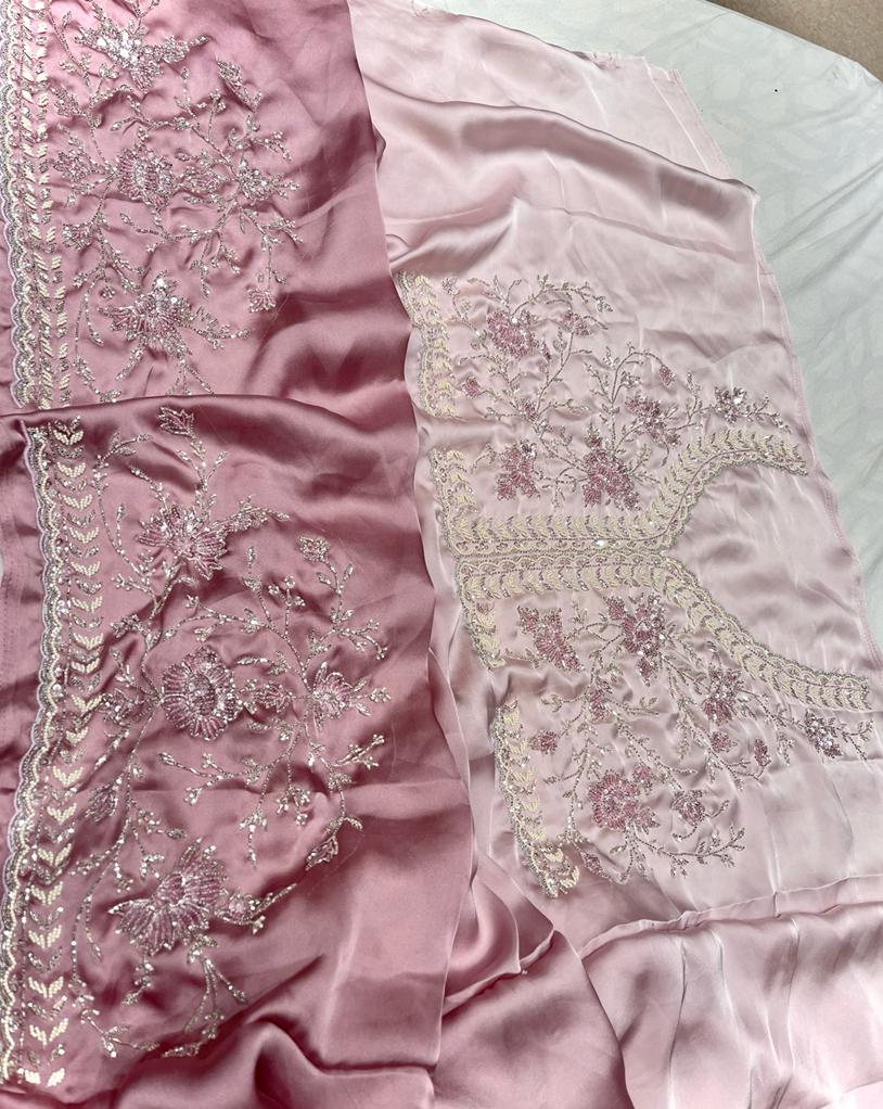 Satin shaded zardosi partywear saree - Saffronfashionindia