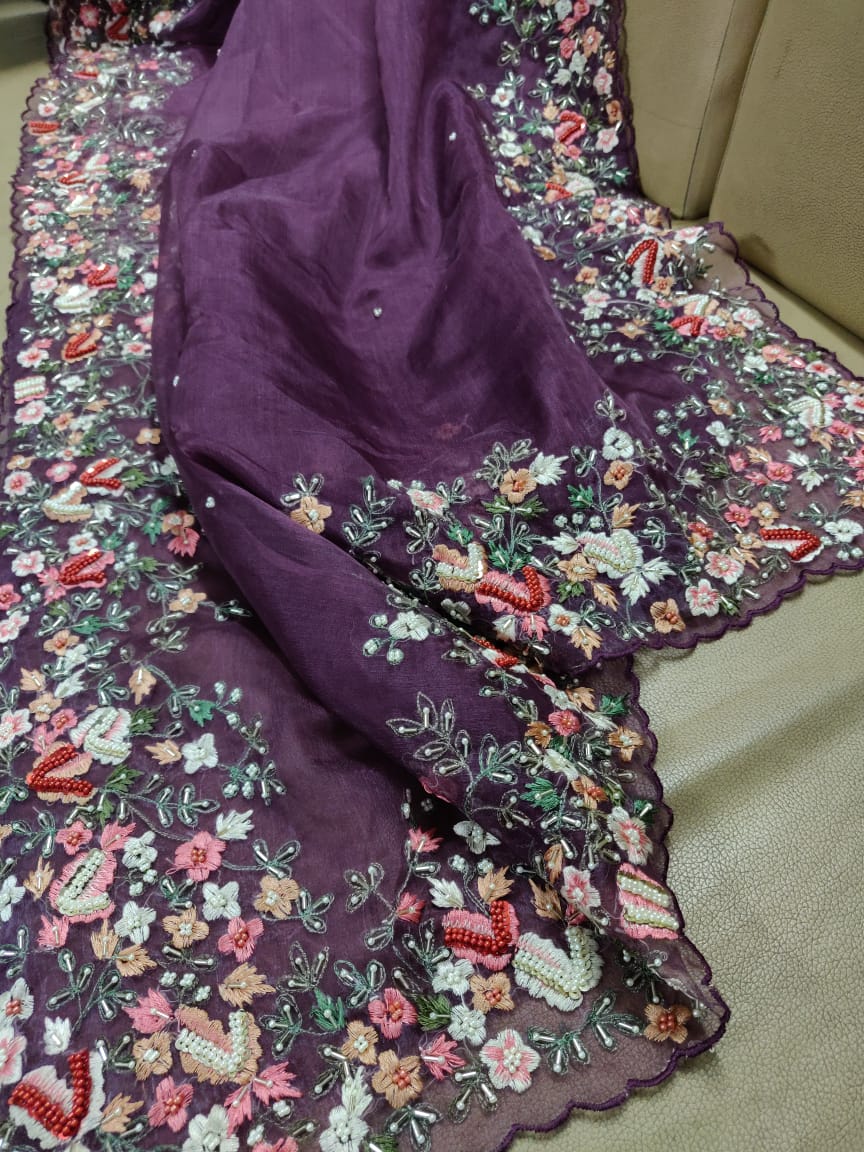 Lilac organza saree - Saffronfashionindia