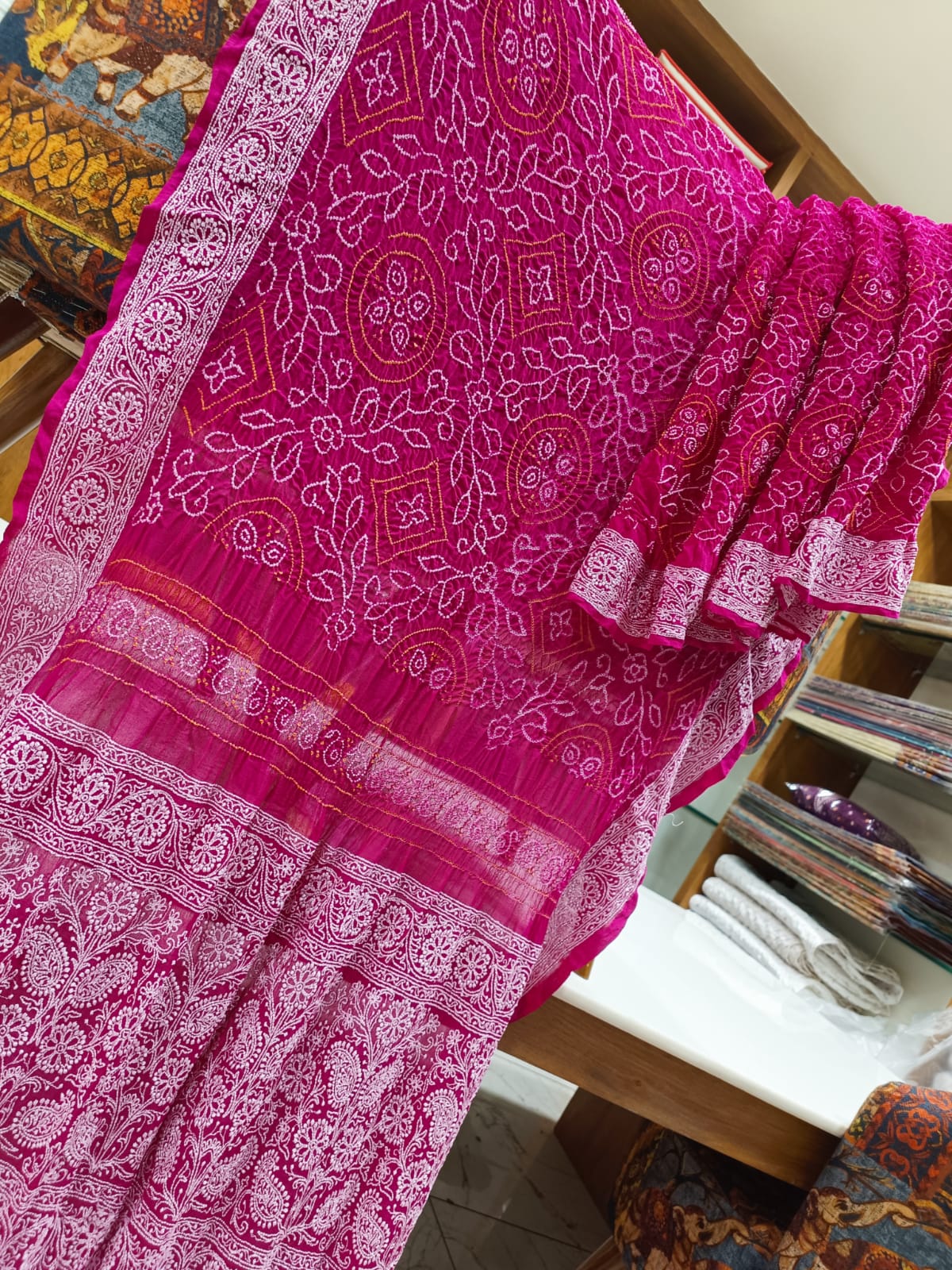 Rai bandhej Chikankari saree - Saffronfashionindia