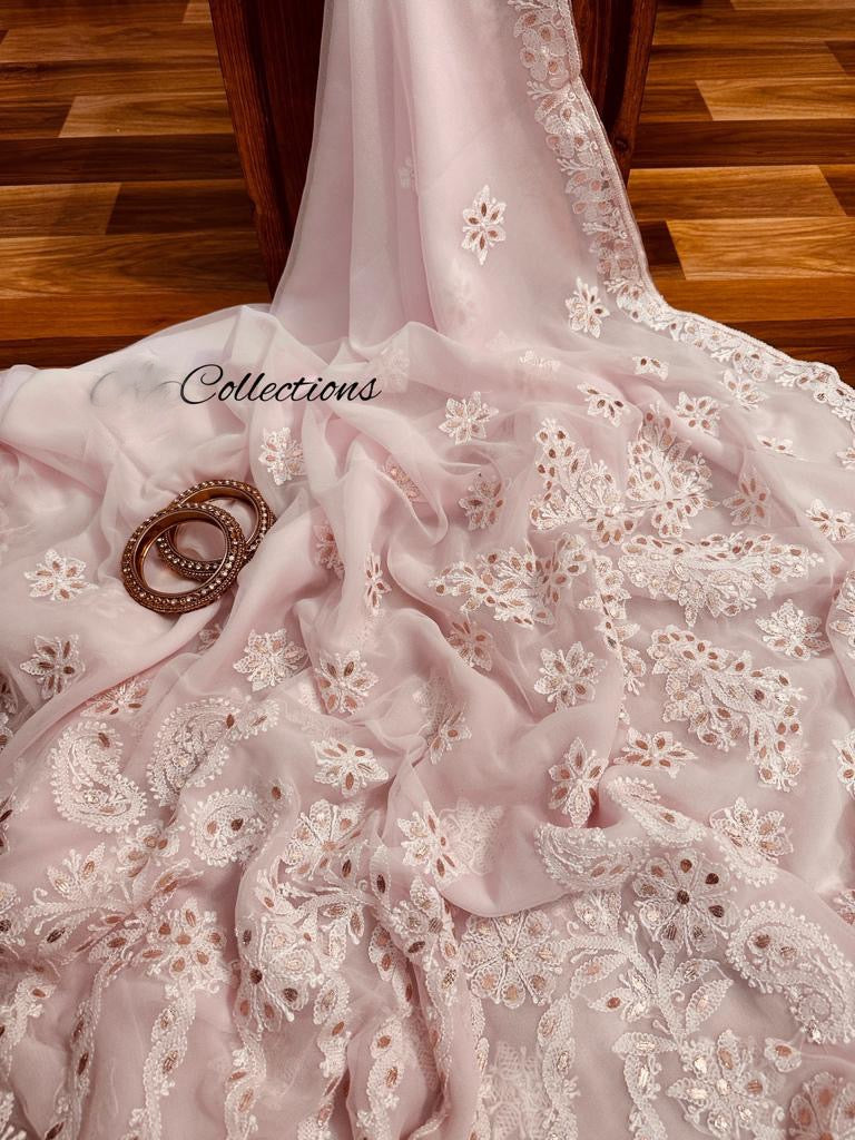 Varnia baby pink Chikankari saree - Saffronfashionindia