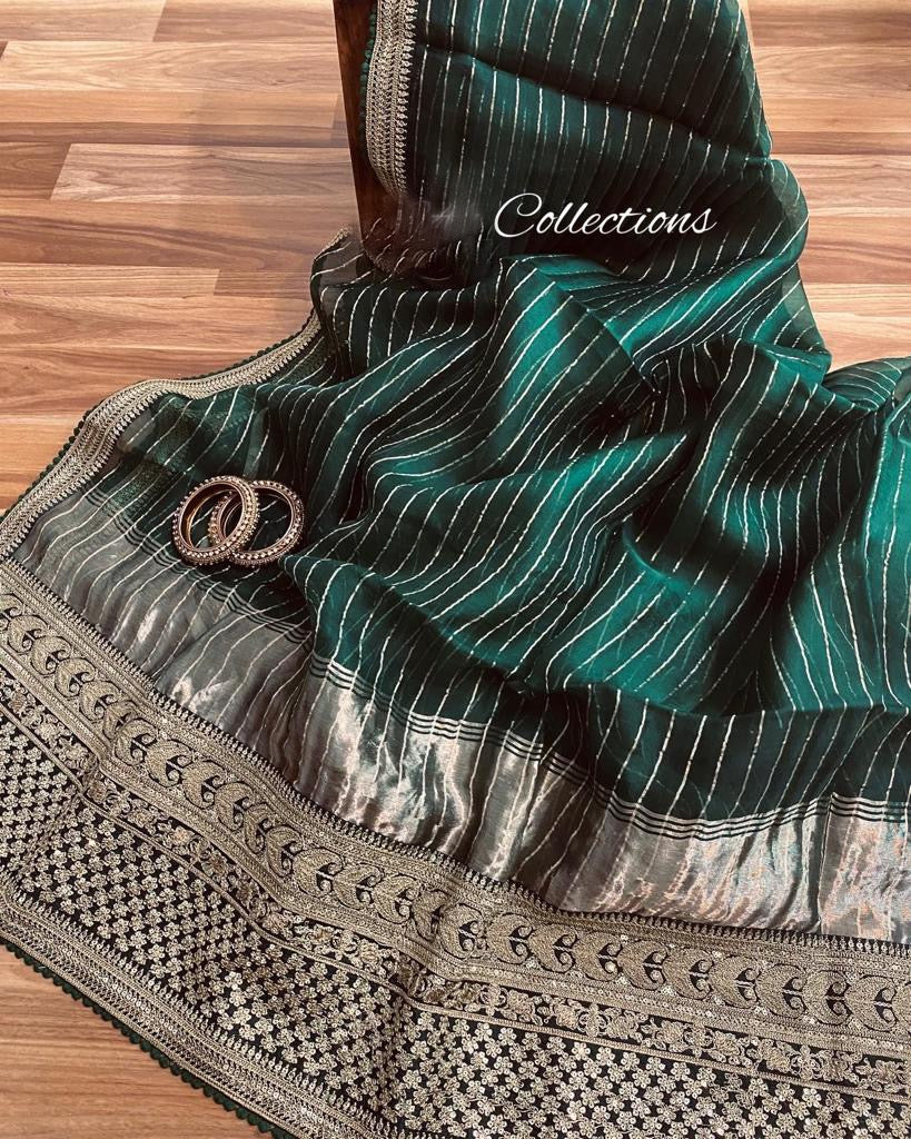 Striped weaving organza saree - Saffronfashionindia