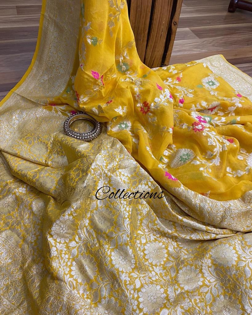 Yellow floral gorgette saree - Saffronfashionindia