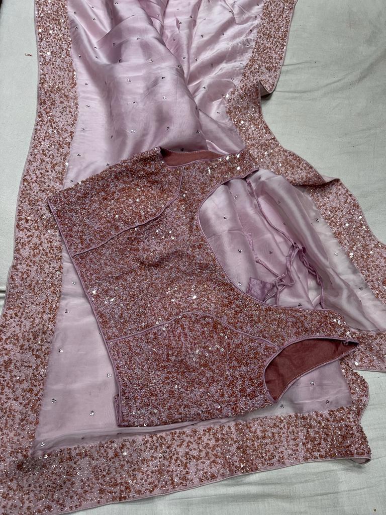 Purple handwork organza sari - Saffronfashionindia