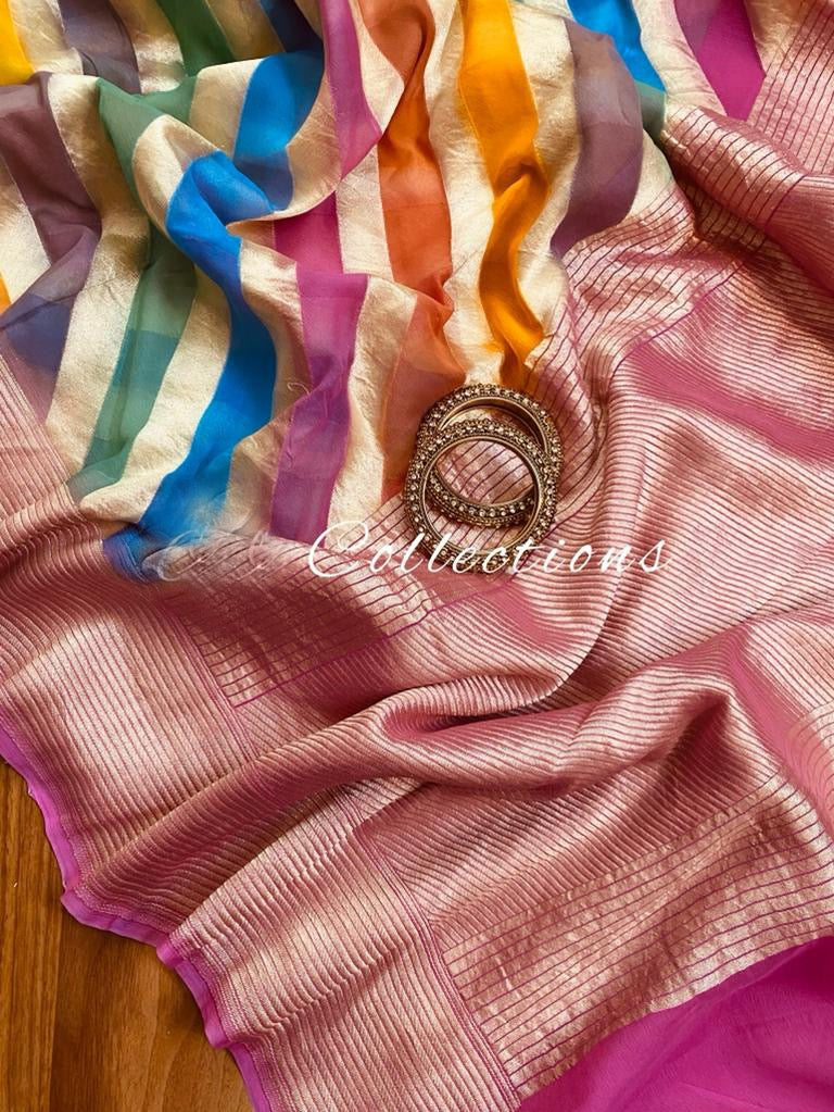 Handwoven striped gorgette saree - Saffronfashionindia