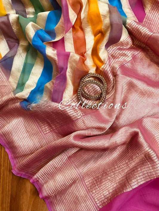 Handwoven striped gorgette saree - Saffronfashionindia