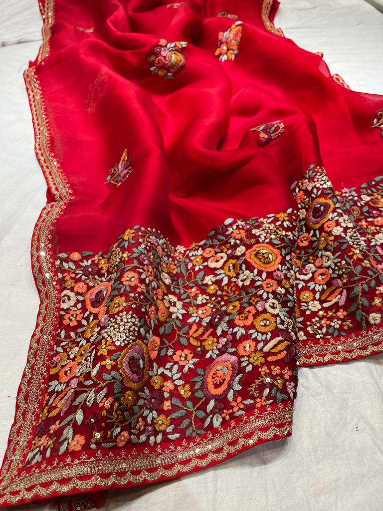 Blossom embroidery saree - Saffronfashionindia