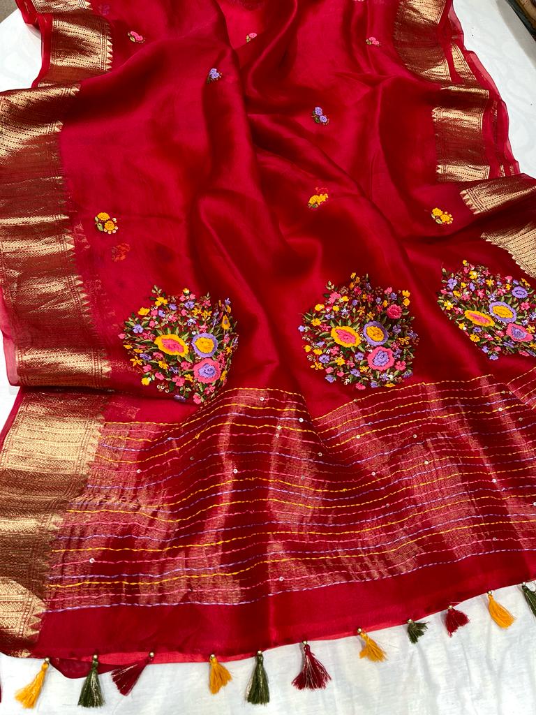 Kanchi organza Frenchknot saree - Saffronfashionindia