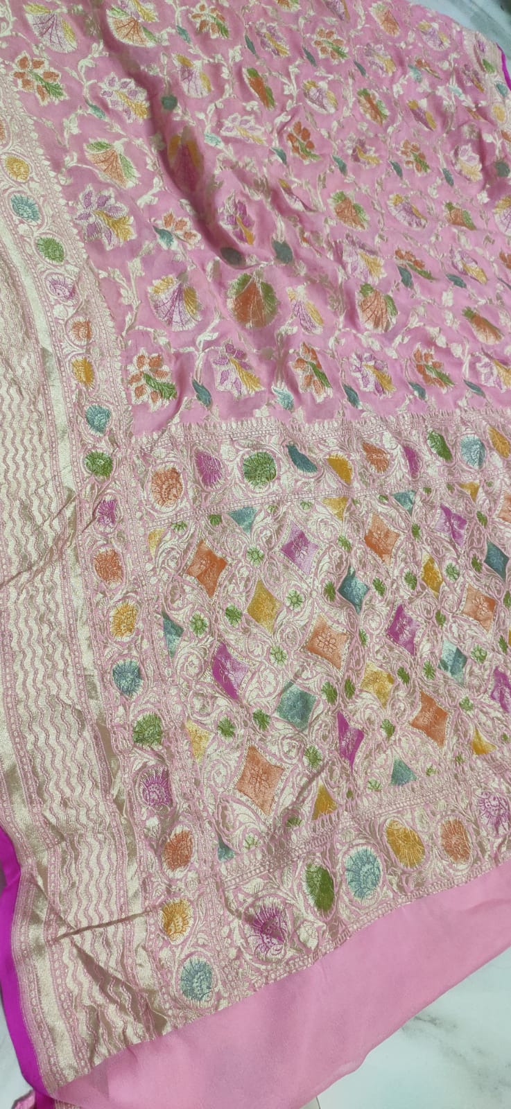 Water zari Meenakari khaddi gorgette saree - Saffronfashionindia