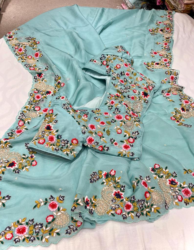 Nishika embroidery organza saree - Saffronfashionindia
