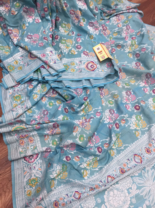 Aqua tilffi jangla tussar saree - Saffronfashionindia