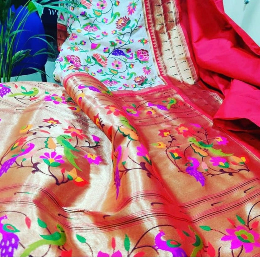 White muniya paithani saree - Saffronfashionindia