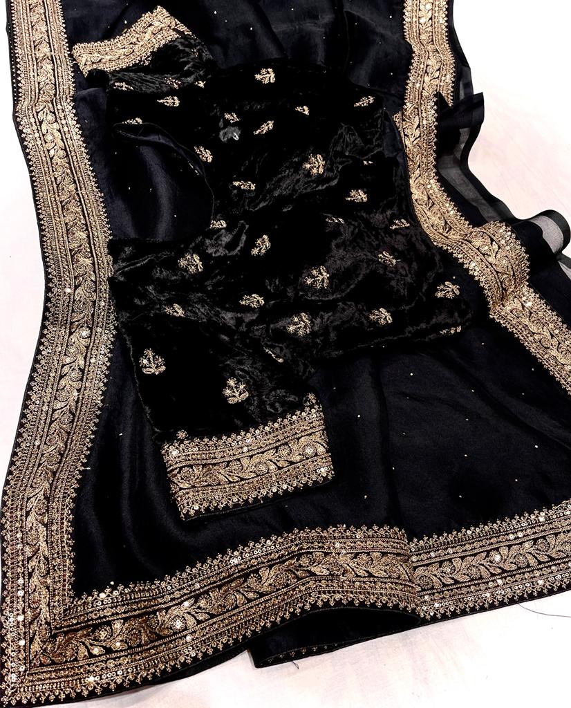 Velvet organza zardosi saree - Saffronfashionindia