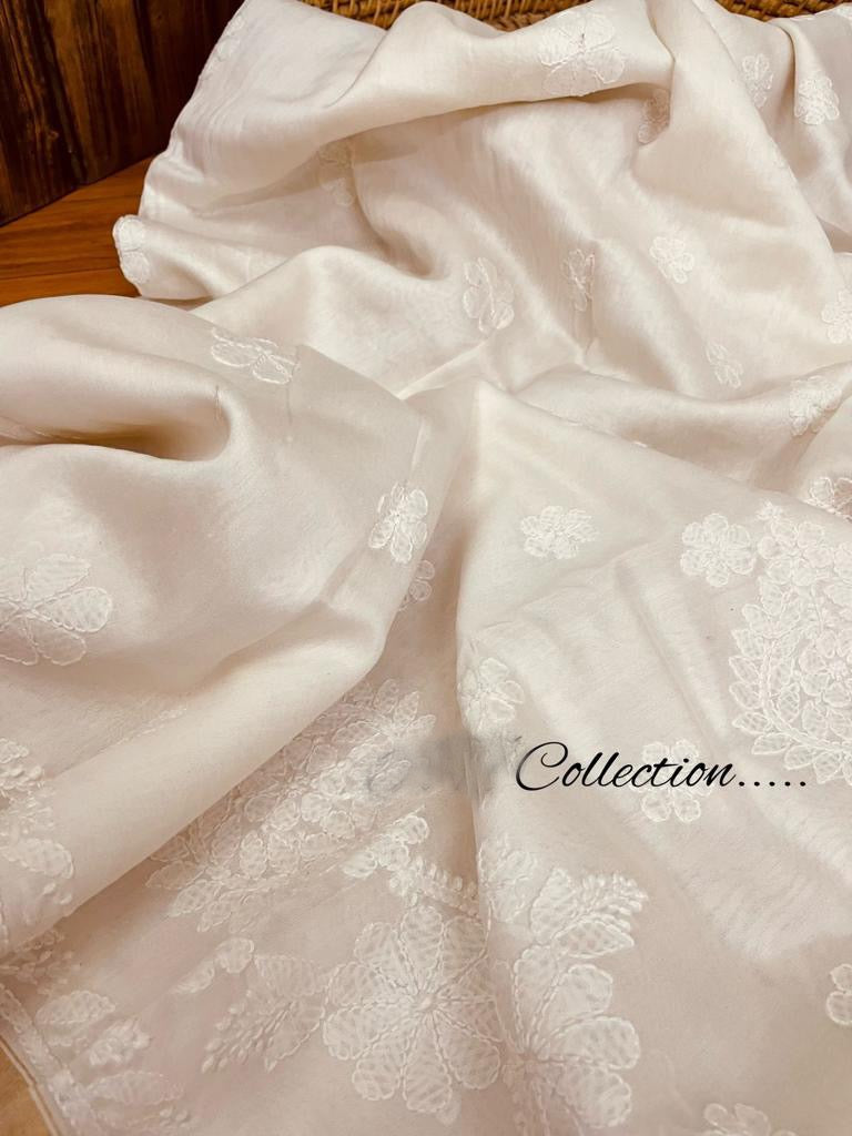 Handwoven Lucknowi Chanderi saree - Saffronfashionindia