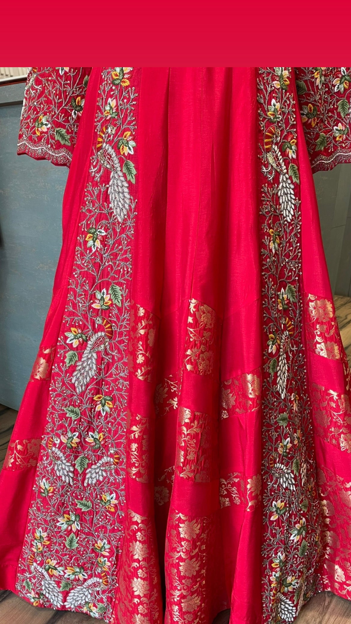 Red jamawar silk anarkali dress - Saffronfashionindia