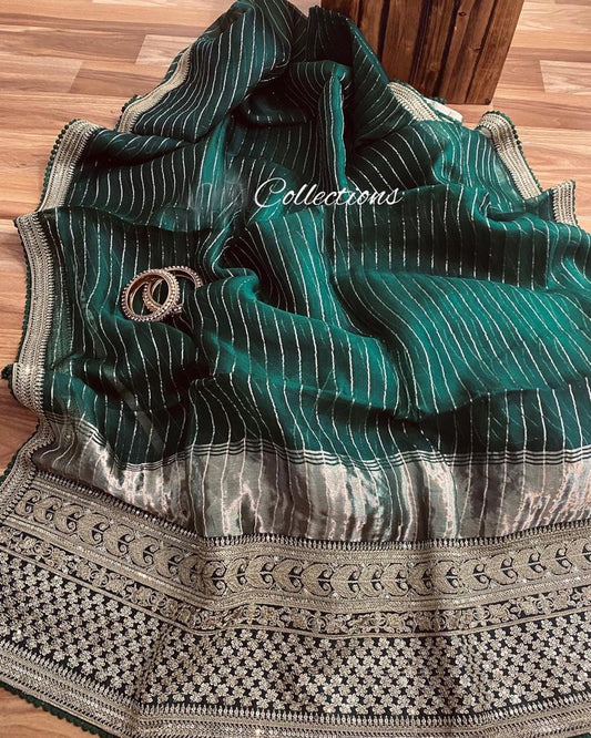 Striped weaving organza saree - Saffronfashionindia