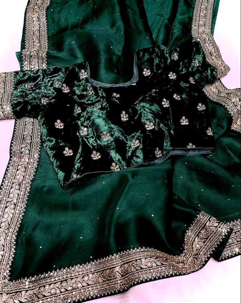 Velvet organza zardosi saree - Saffronfashionindia