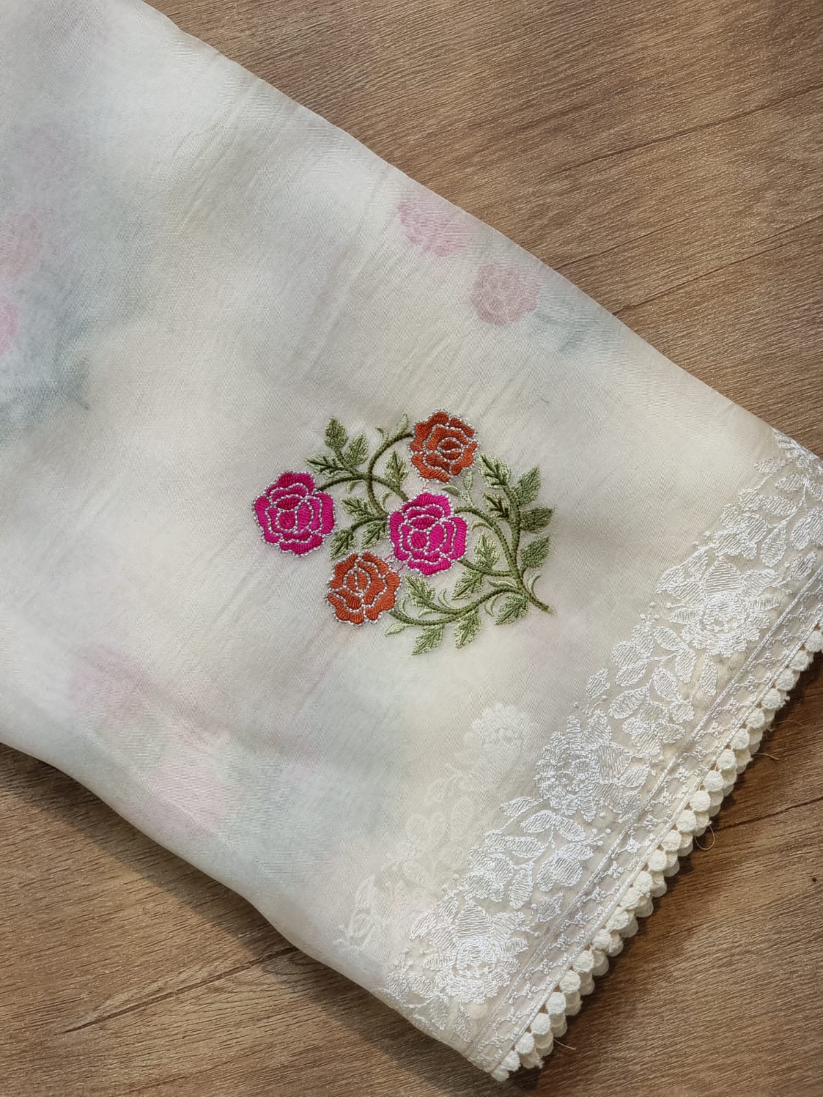 Crochet inspired organza embroidery saree - Saffronfashionindia