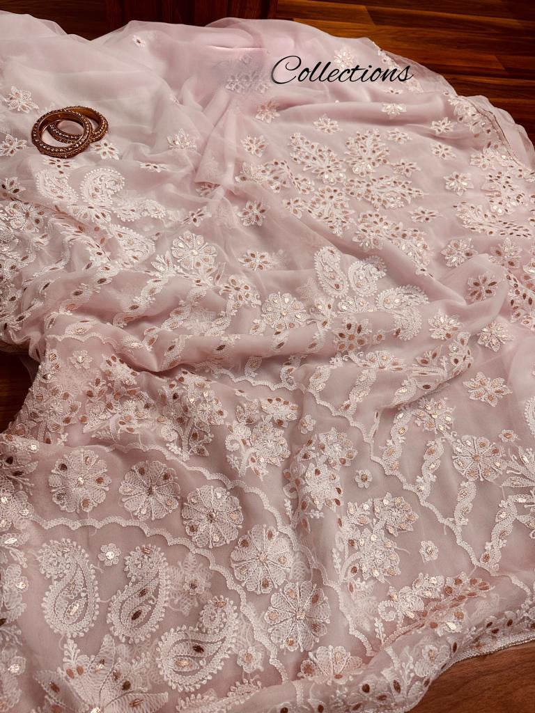 Varnia baby pink Chikankari saree - Saffronfashionindia
