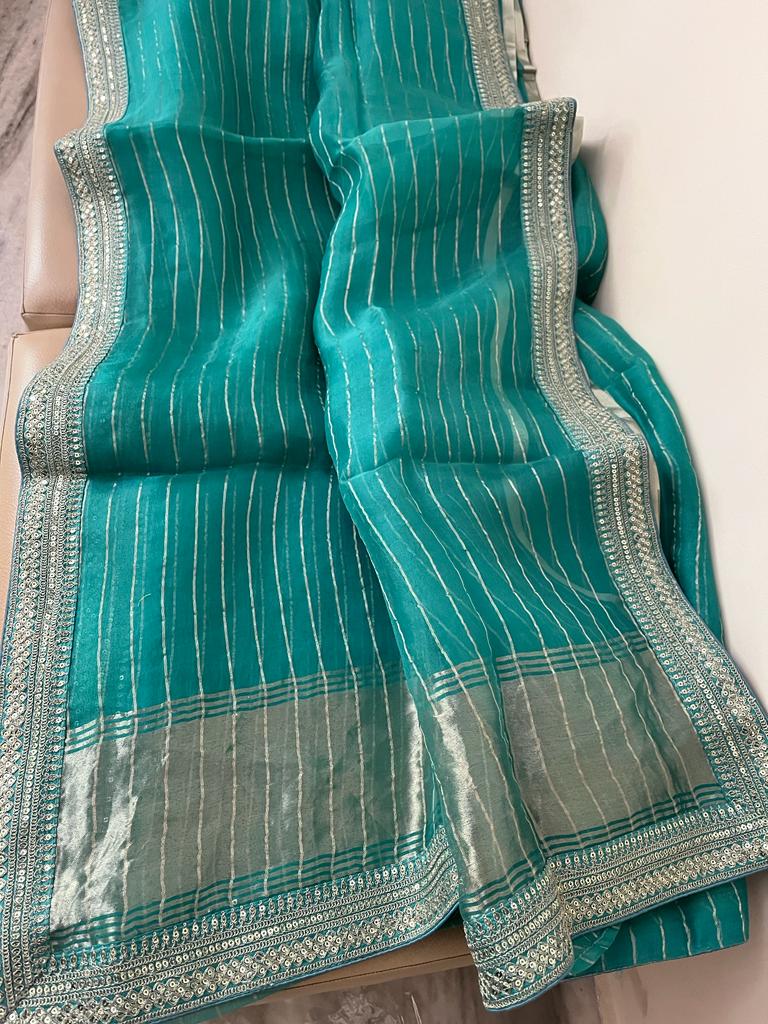 Ruhafza striped organza sequins saree party wear saree blouse - Saffronfashionindia