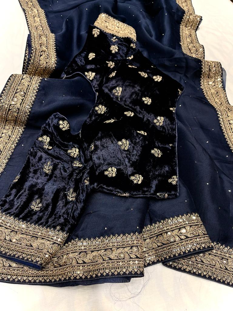 Velvet organza zardosi saree - Saffronfashionindia