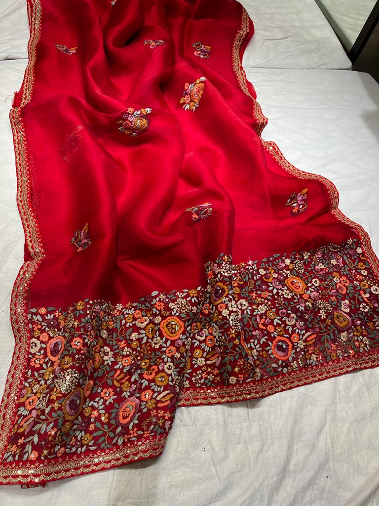 Blossom embroidery saree - Saffronfashionindia