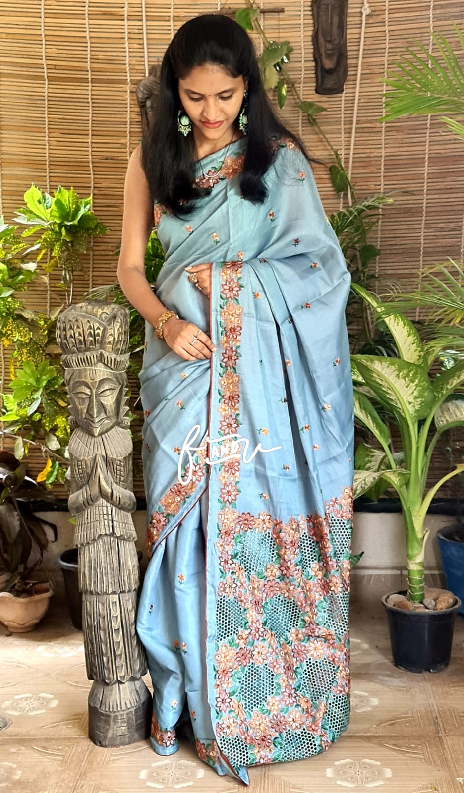 Floral soft tussar silk saree - Saffronfashionindia