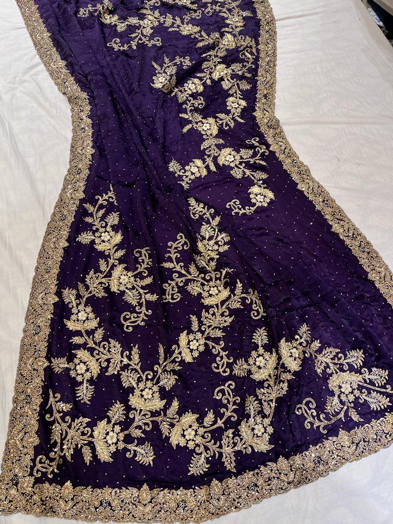 Purple zardosi crepe saree - Saffronfashionindia