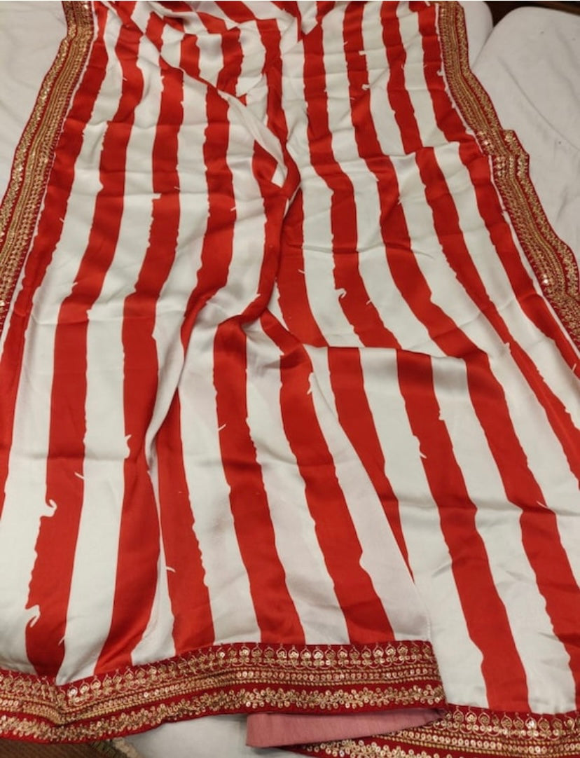 Striped satin saree - Saffronfashionindia