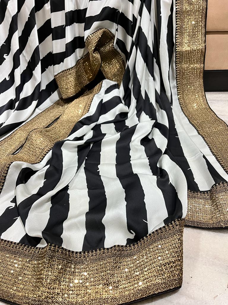 Satin striped saree - Saffronfashionindia