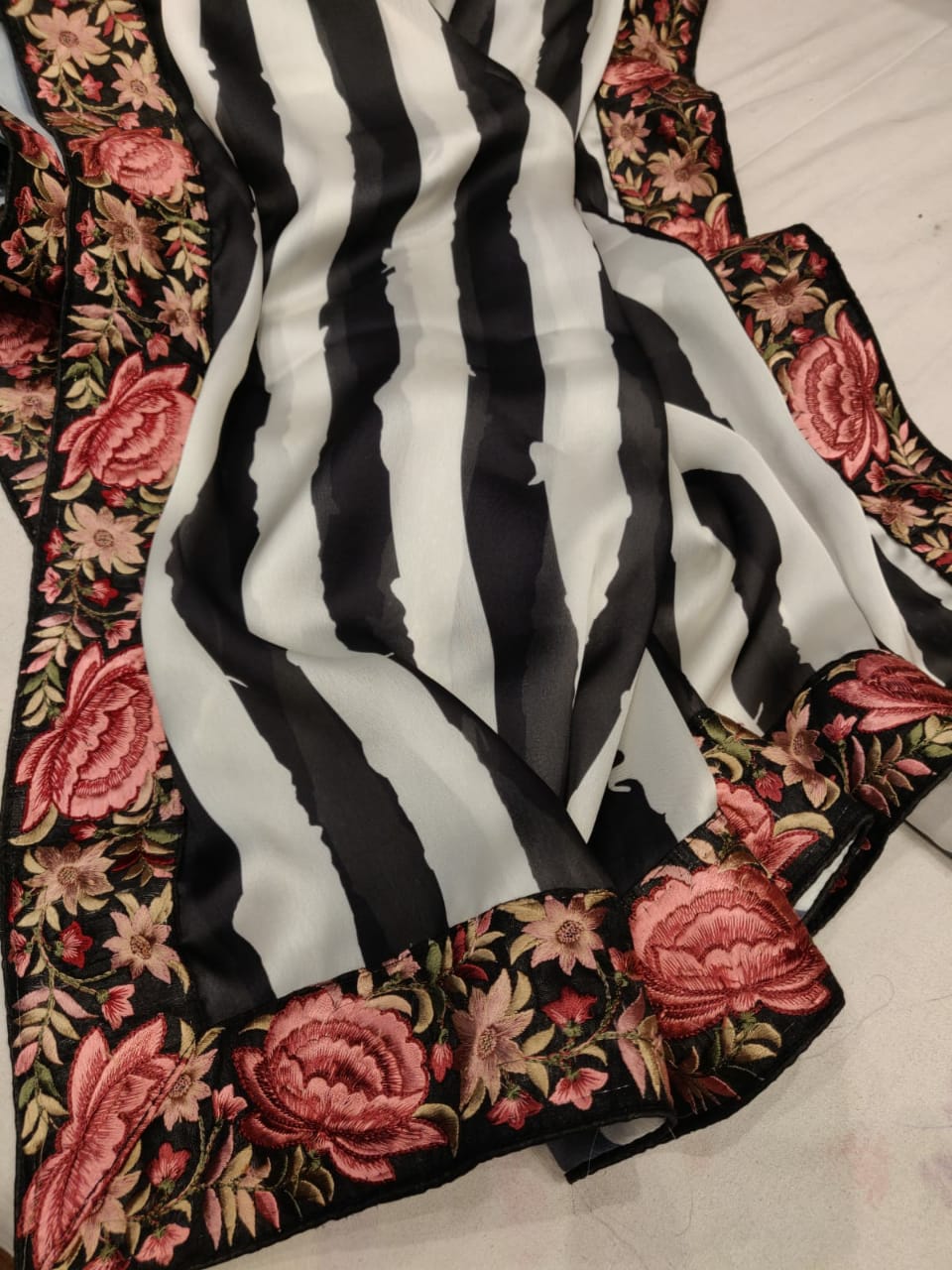 Striped satin floral saree - Saffronfashionindia