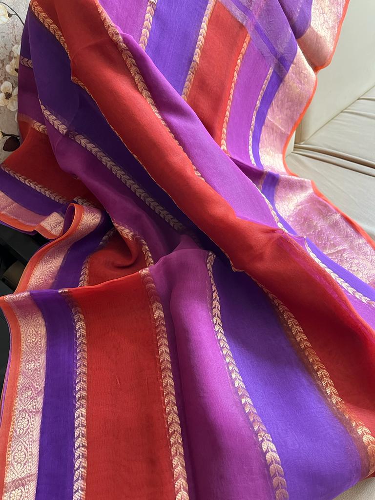 Striped kora banarsi saree - Saffronfashionindia