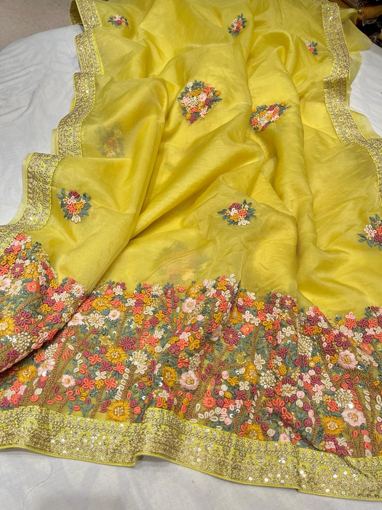 Benzie organza French knot saree - Saffronfashionindia